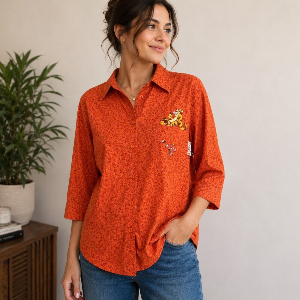 Disney Pooh Tigger Embroidered Floral Button Up Shirt Orange Cotton Medium
